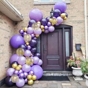 Purple Gold Confetti Balloons, 60 Packs 12 inch Dark Purple and Gold Metallic Chrome Party Balloons with Ribbons for Girls Women Birthday, Baby Shower, Wedding, Anniversary, Graduation Decoration