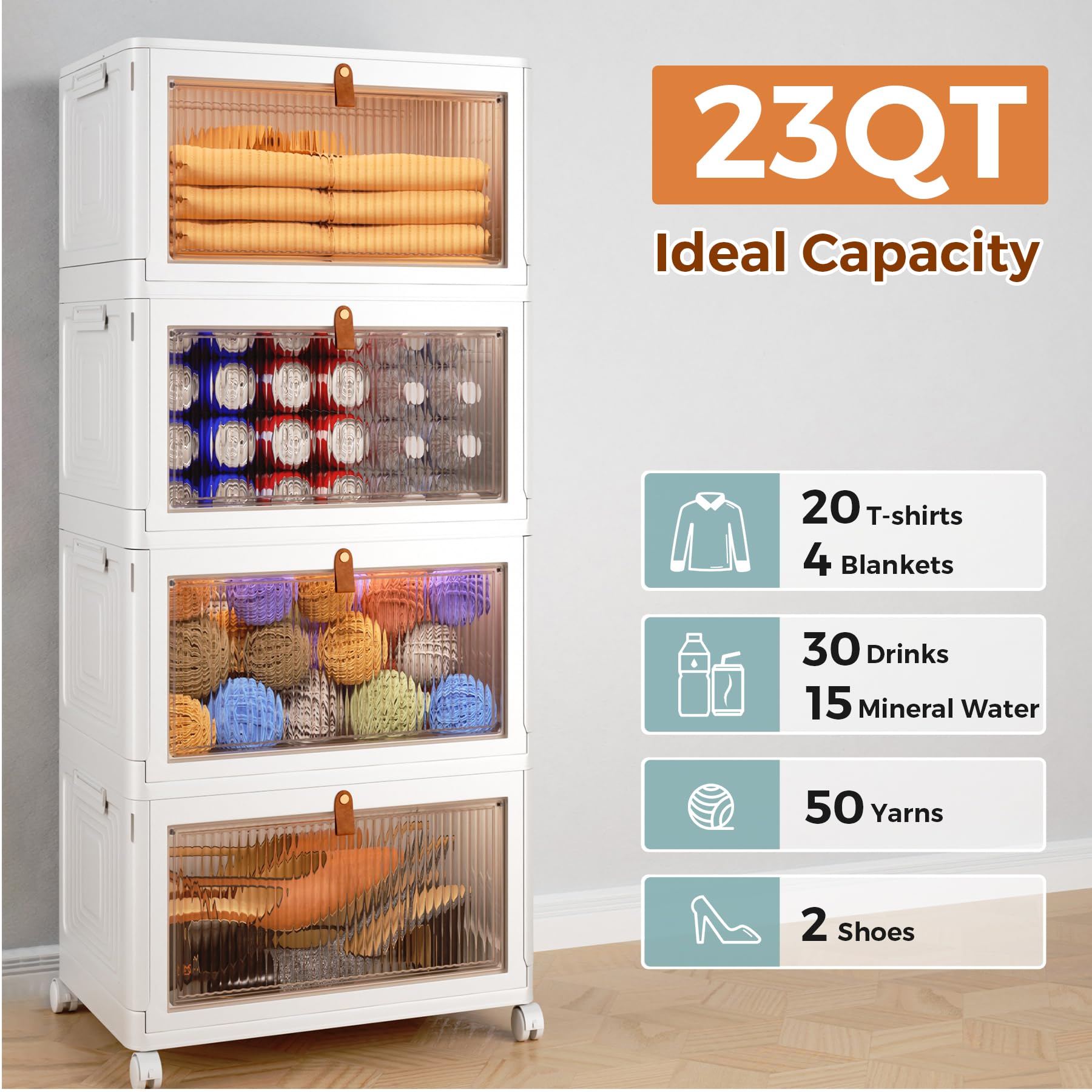 4 Tier Stackable Plastic Storage Bins with Lid and Wheels - 23 QT Closet Organizers and Storage, Foldable Storage Containers, Organization and Storage Boxes for Craft, Home, Pantry, Office, Dorm