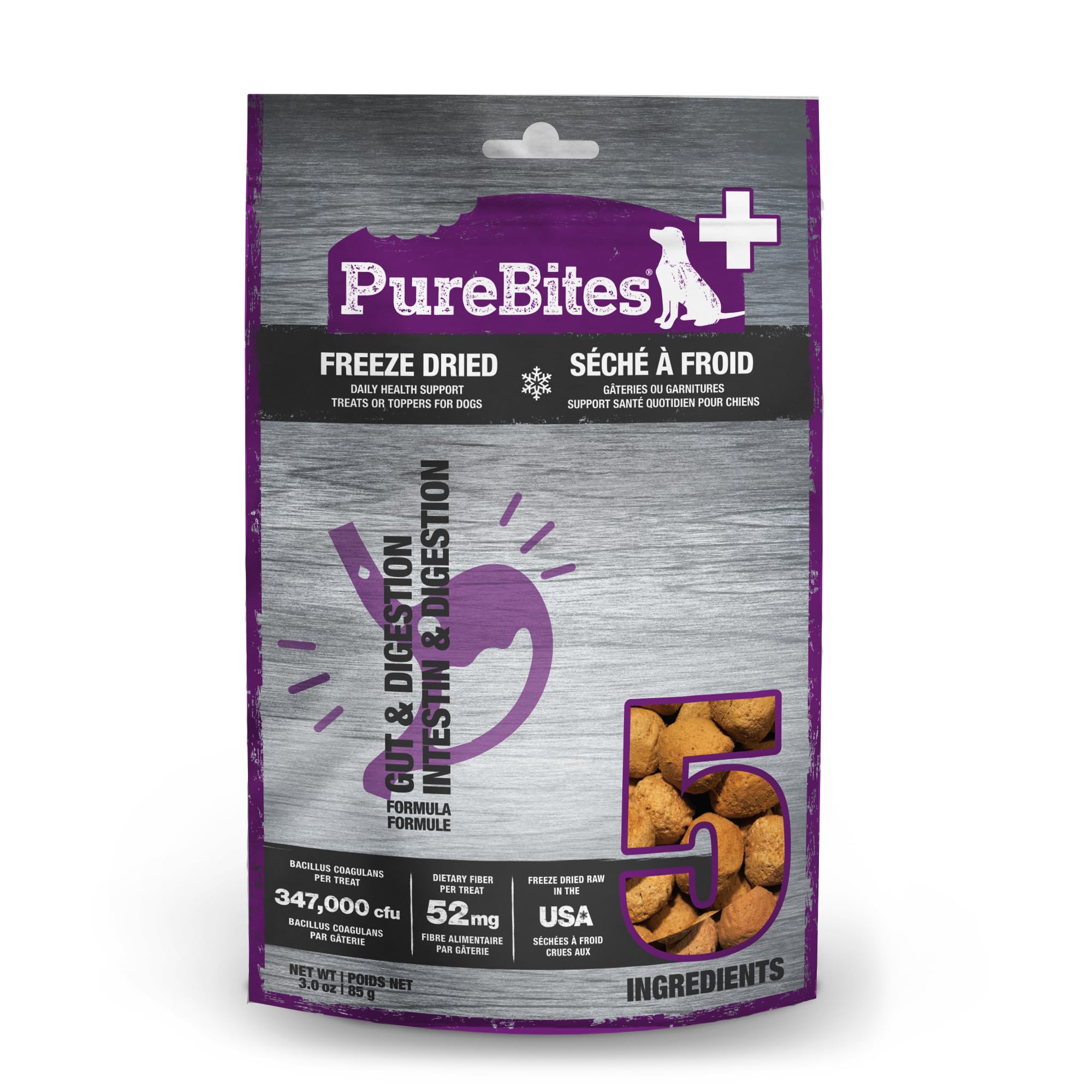 PureBites+ Gut & Digestion Freeze Dried Dog Treats, 5 Ingredients, Made in USA, 3oz