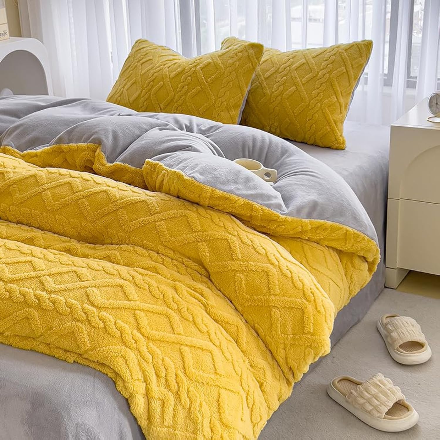 INFLAG Fluffy Comforter Cover, Boho Bedding Flannel Duvet Cover 3 Pieces, Ultra Soft Cozy Velvet Duvet Cover King 104" x 90" with Zipper Closure & 2 Pillow Shams (King, Yellow)