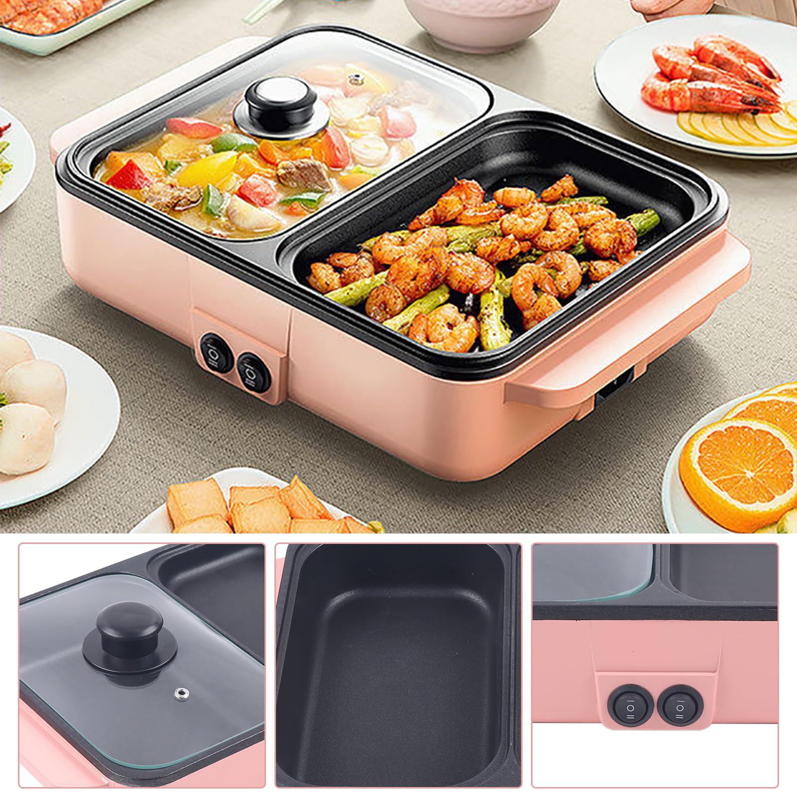 Hot Pot with Grill, Electric Hot Pot and Frying Pan, Shabu Shabu Pot with Grill, 2 in 1 Indoor NonStick Shabu Shabu Pot and Griddle, Dual Temperature Control, Fast Heating for BBQ Steaks Noodles(Pink)