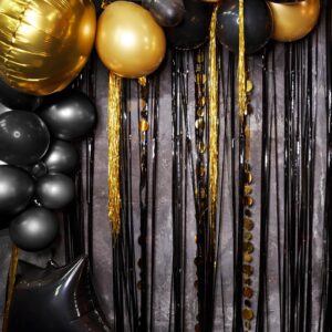 MEEZY 4Pack 3.2ft x 8.2ft Black Foil Fringe Curtains Backdrop Metallic Foil Tinsel Streamers with Black Balloons for Graduation Bachelorette Baby Shower Wedding Birthday Bridal Shower Party Decor