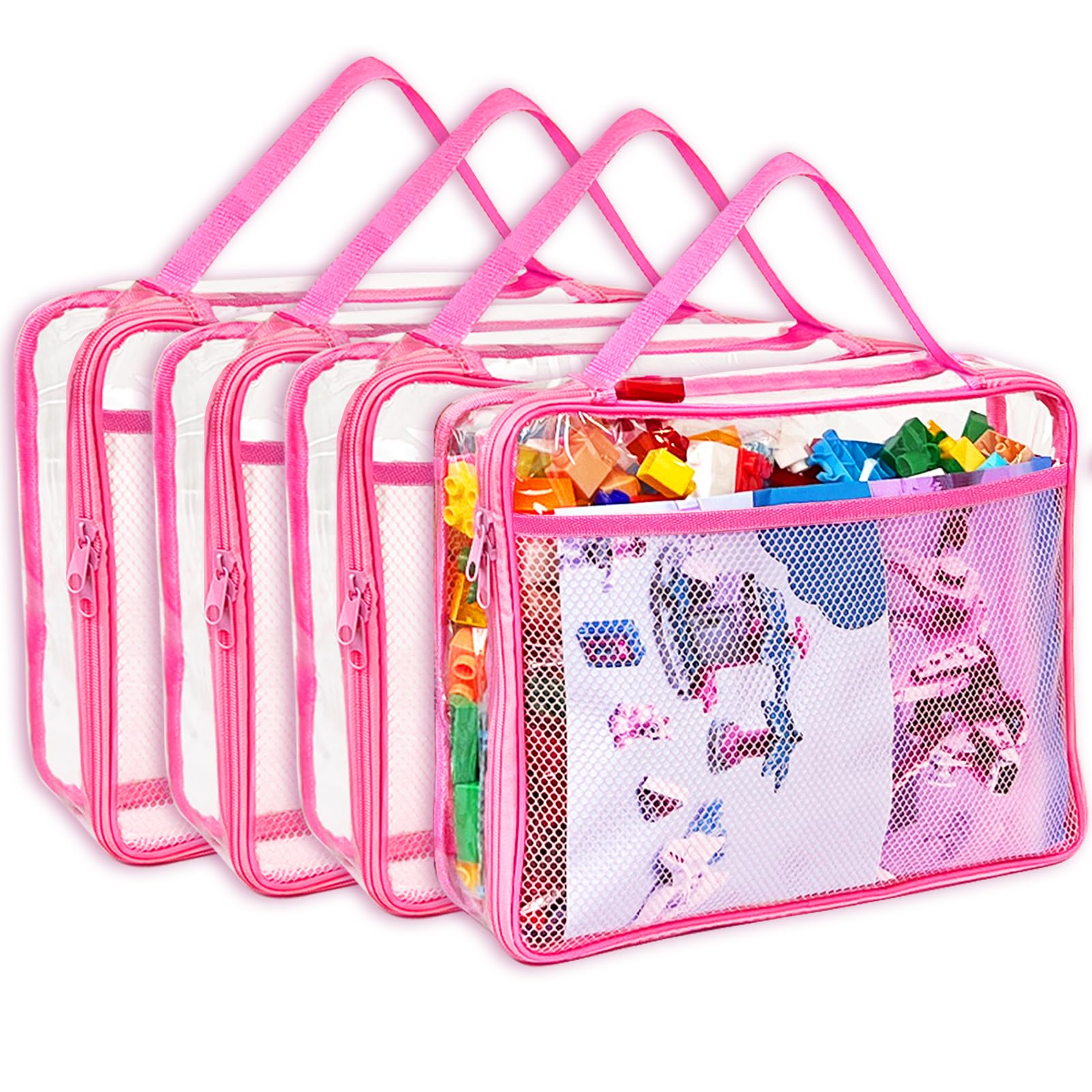 Toy Zippered Blocks Set Storage Bags for boy girls - 4PC Large PVC Storage Organizer Bags with Mesh Side Pockets for Puzzle, Clay, Book, Small Models and Mini Plush Toys. XL: 10.4" x3 "x13.3