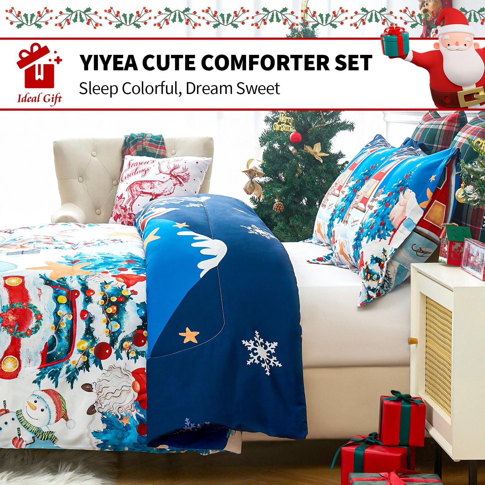 YIYEA Christmas Twin Comforter Set for Girls Boys, Cute Kids Comforter with Pillowcase, Ultra Soft Brushed Microfiber Christmas Bedding Comforter Sets, Suit for All Season, Machine Washable