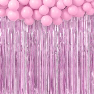 meezy 3pack 3.2ft x 8.2ft pink foil fringe curtains backdrop metallic foil tinsel streamers with pink balloons for bachelorette baby shower wedding birthday bridal shower party decorations