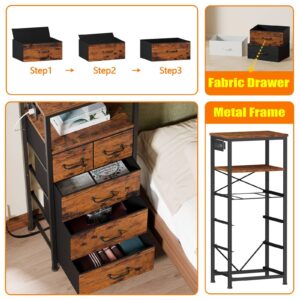 Furnulem Dresser for Bedroom, Tall Nightstand, Vertical Chest with Wood Top, Charging Station, LED Lights, 5 Fabric Bins, Bedside Table with Shelf, Furniture for Entryway (5 Drawer, Rustic Brown)