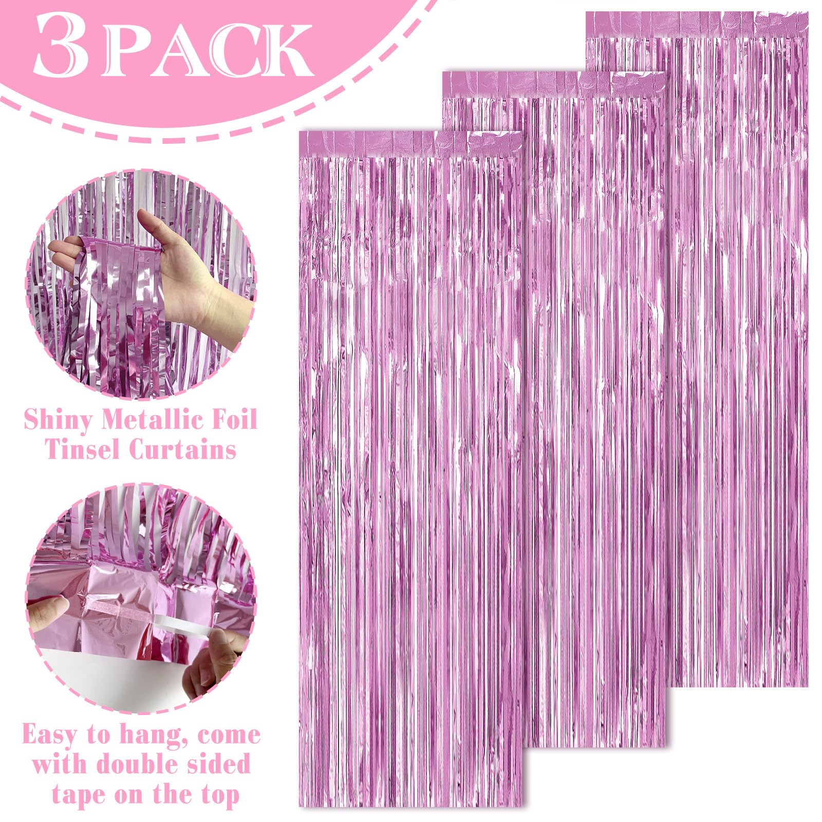 MEEZY 3Pack 3.2ft x 8.2ft Pink Foil Fringe Curtains Backdrop Metallic Foil Tinsel Streamers with Pink Balloons for Bachelorette Baby Shower Wedding Birthday Bridal Shower Party Decorations