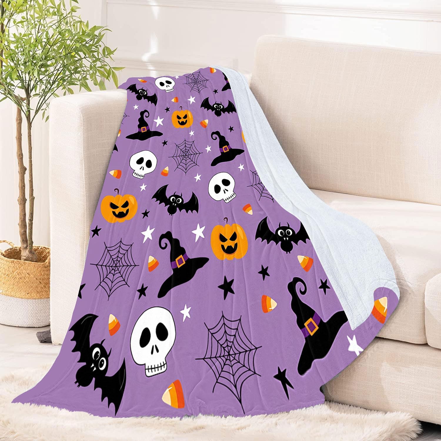 Halloween Throw Blanket for Couch and Bed Spider Webs Witch's Hat Black Bats and Decorated Pumpkins Print on Soft Blanket for Kids and Adult