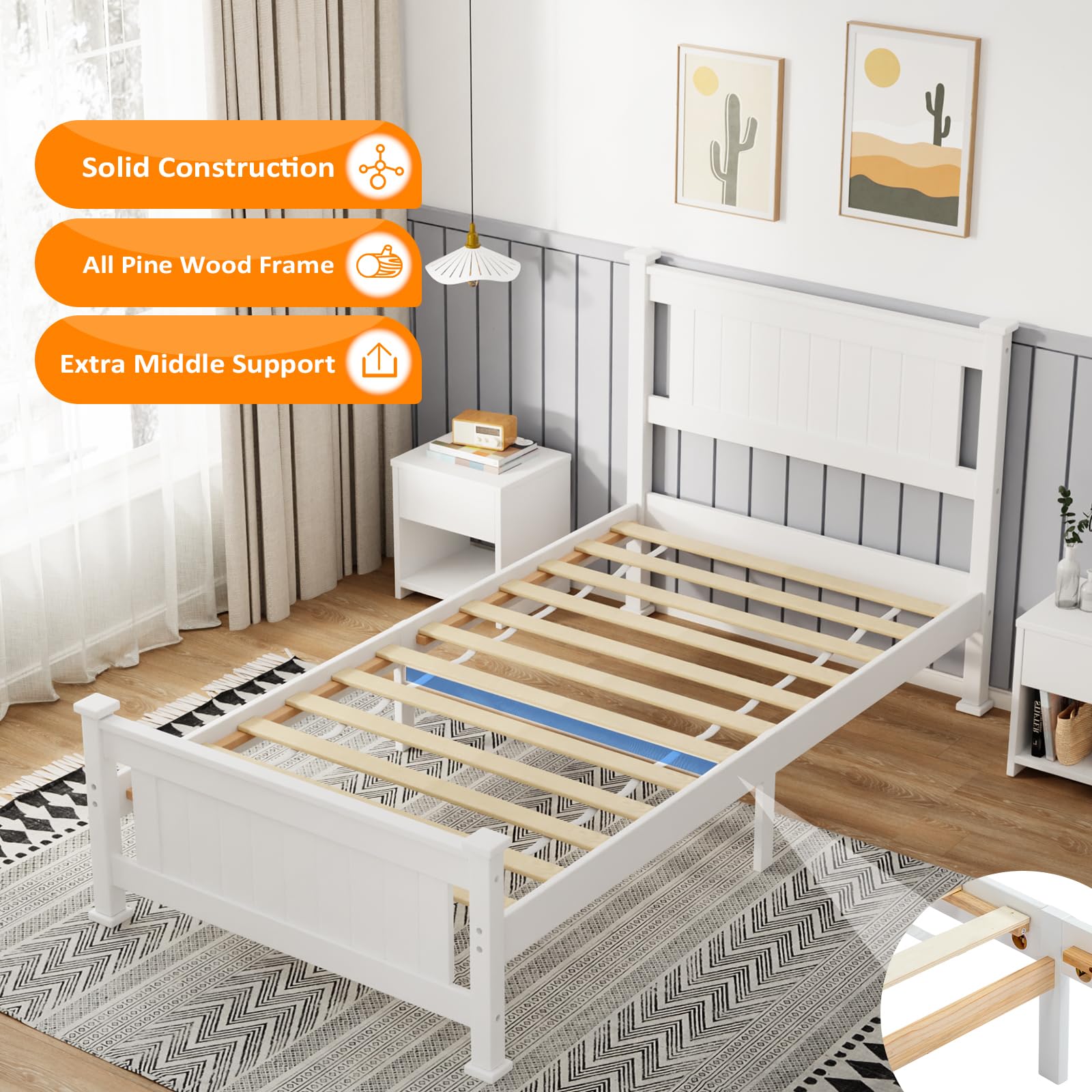 VINGLI Twin Bed Frame Solid Wood Platform Bed Frame, Single Bed with Headboard, No Box Spring Needed Panel Bed, Wood Slat Support Mattress Foundation, White