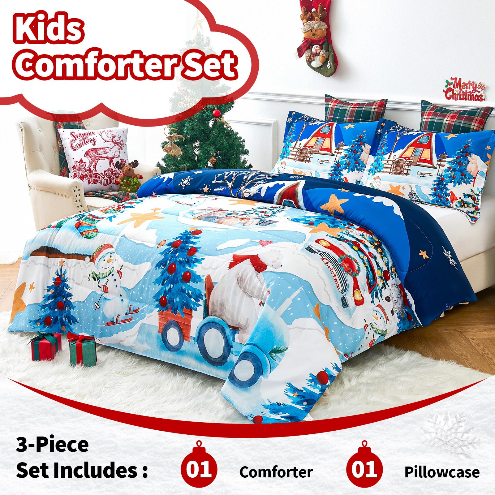 YIYEA Christmas Twin Comforter Set for Girls Boys, Cute Kids Comforter with Pillowcase, Ultra Soft Brushed Microfiber Christmas Bedding Comforter Sets, Suit for All Season, Machine Washable