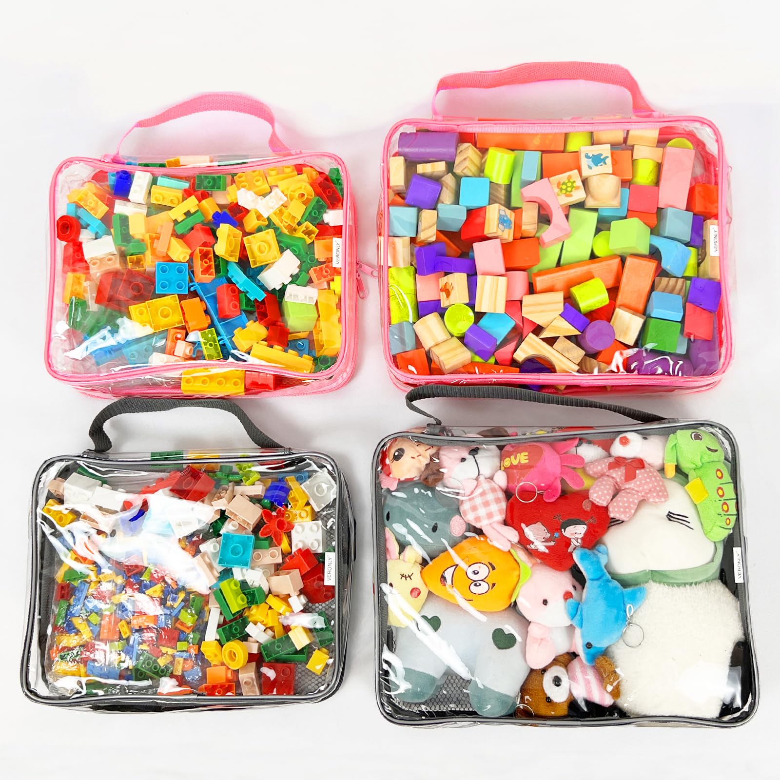 Toy Zippered Blocks Set Storage Bags for boy girls - 4PC Large PVC Storage Organizer Bags with Mesh Side Pockets for Puzzle, Clay, Book, Small Models and Mini Plush Toys. XL: 10.4" x3 "x13.3