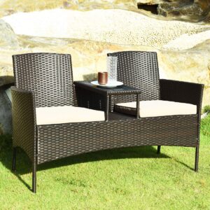 COSTWAY 2-Seat Patio Conversation Sets, Outdoor Patio Loveseat Set with Removable Cushions & Built-in Coffee Table for Backyard, Garden, Lawn, Balcony, Brown+Beige