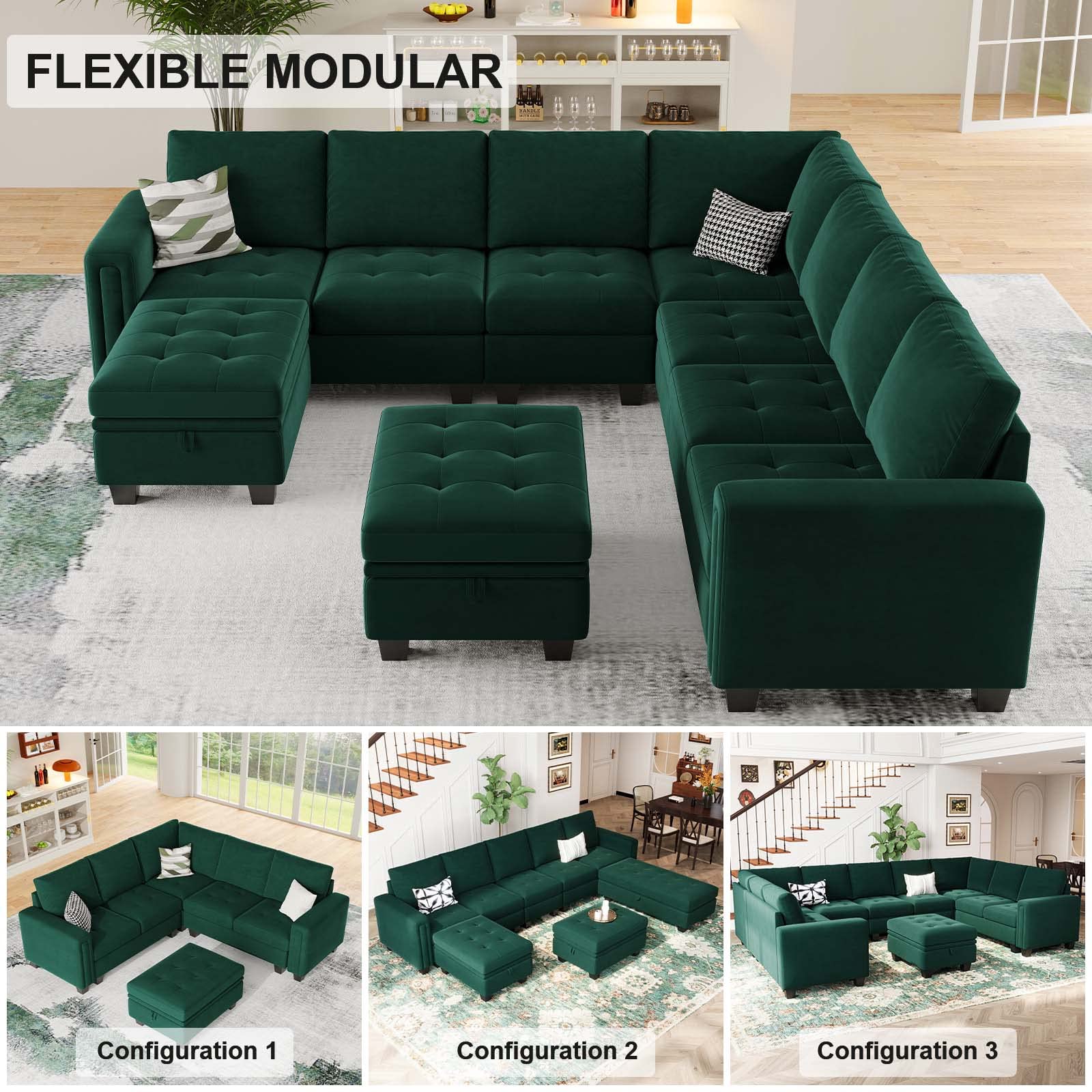 Belffin Modular Velvet Sectional L Shape Sofa Couch Oversized Convertible Sectional Sofa Couch with Reversible Chaise for Living Room Green