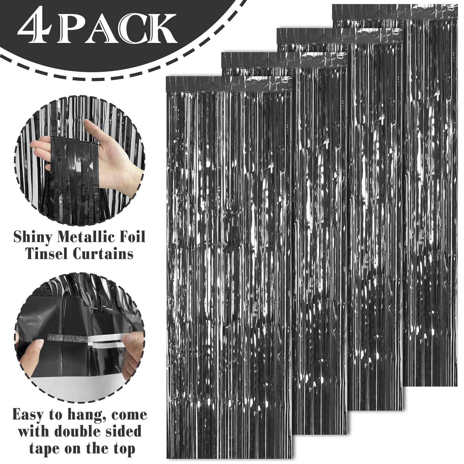 MEEZY 4Pack 3.2ft x 8.2ft Black Foil Fringe Curtains Backdrop Metallic Foil Tinsel Streamers with Black Balloons for Graduation Bachelorette Baby Shower Wedding Birthday Bridal Shower Party Decor