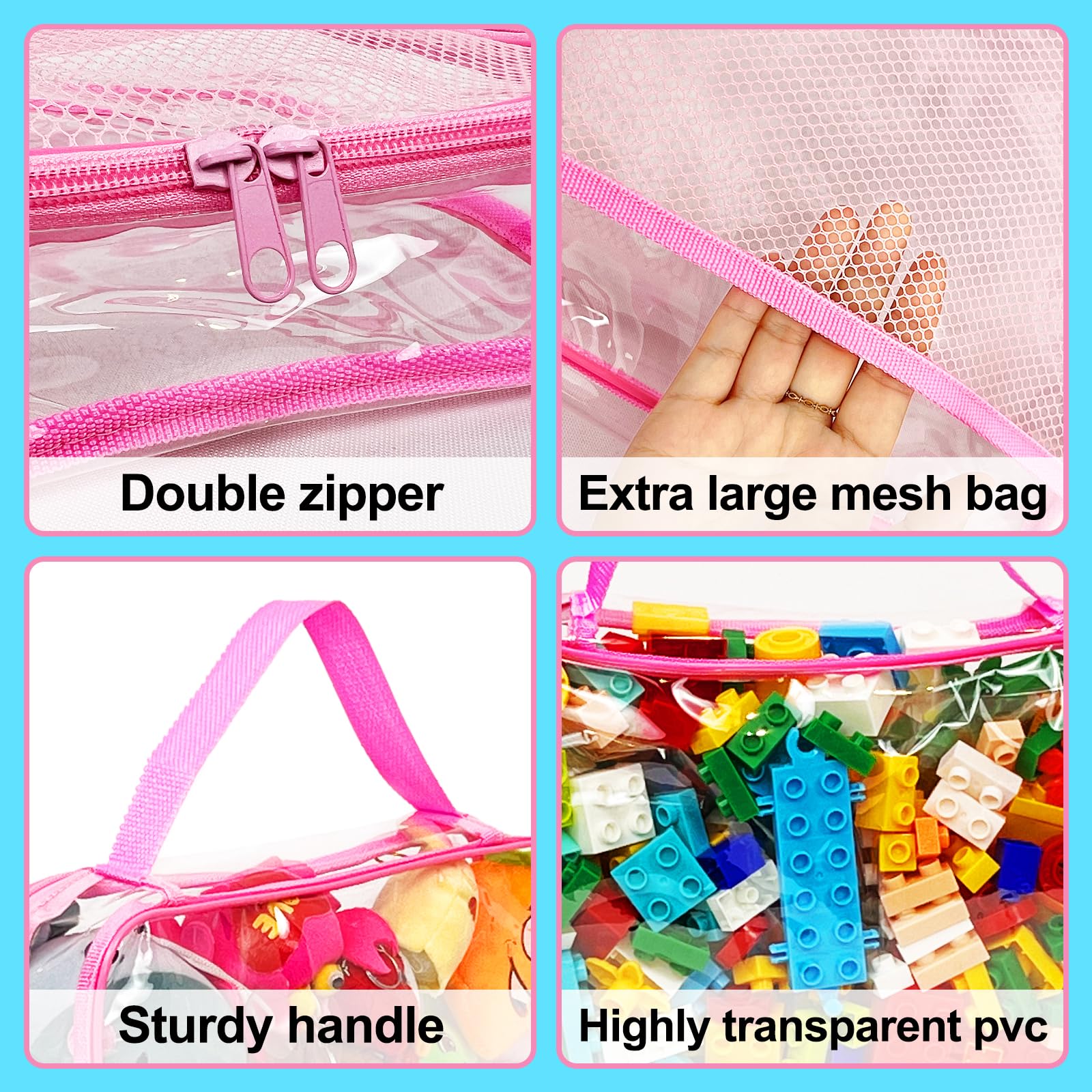 Toy Zippered Blocks Set Storage Bags for boy girls - 4PC Large PVC Storage Organizer Bags with Mesh Side Pockets for Puzzle, Clay, Book, Small Models and Mini Plush Toys. XL: 10.4" x3 "x13.3