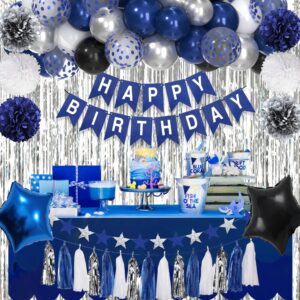 Blue Birthday Decorations for Men Boys, Blue Silver Party Decorations Fringe Curtains Happy Birthday Banner Hanging Cutouts Tassels Graduation Party Decors 13th 16th 18th 21st 30th 40th 50th 60th Him