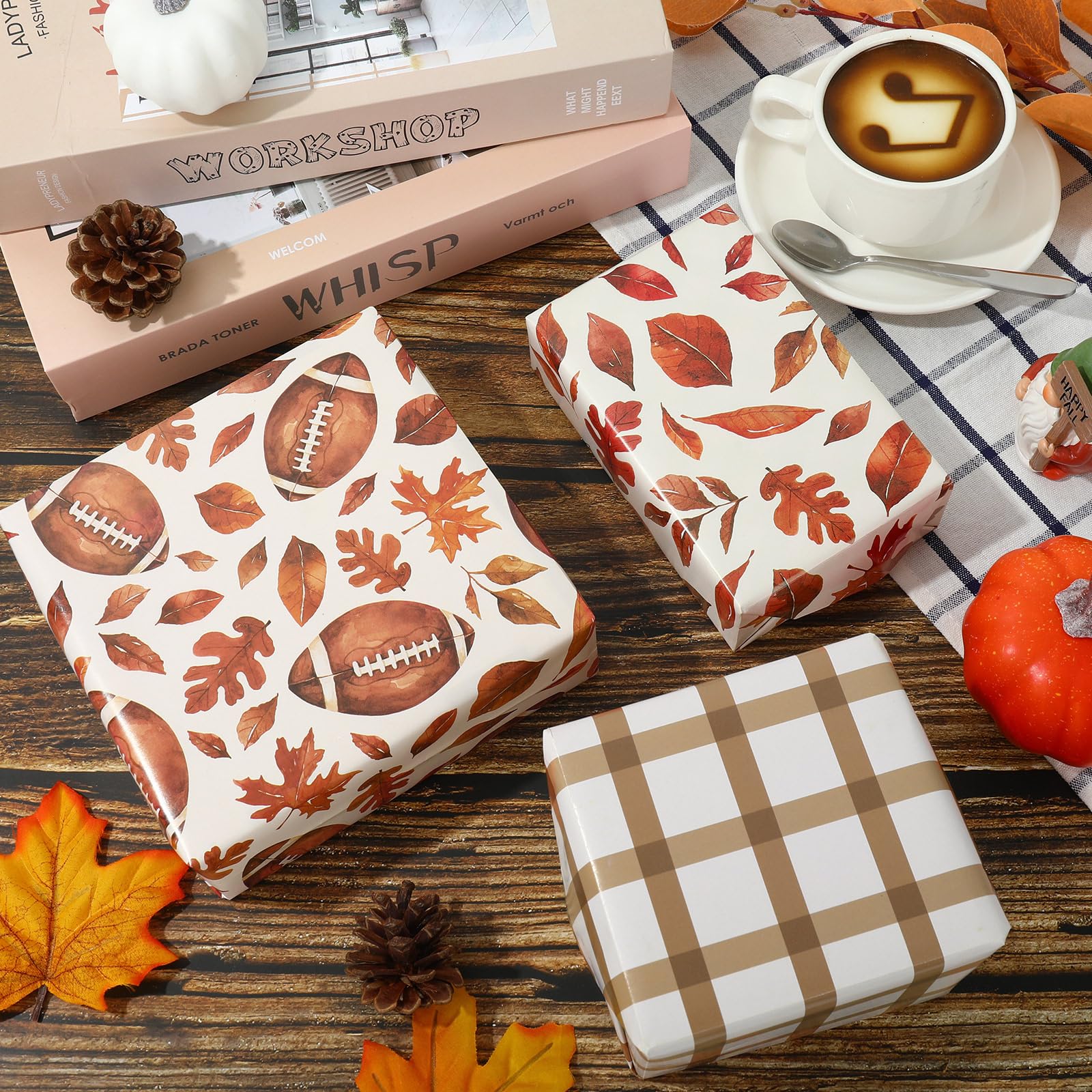 AnyDesign 12 Sheet Fall Wrapping Paper Super Football Bowl Gift Wrap Paper Bulk Folded Flat Autumn Leaves Pumpkin Decorative DIY Craft Paper, 19.7 x 27.6 Inch