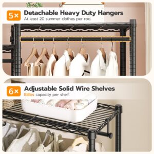 HOOBRO Heavy-Duty Clothes Rack, Freestanding 6-Tier Closet Organizer, Metal Clothing Rack with Shelves and Hanger Rods, Multi-Functional Bedroom Garment Rack, Max Load 800 lb, Black BK03LY01