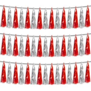 3p red silver foil fringe metallic tassel streamers banner tassel garland for parade floats, bachelorette, wedding, birthday, halloween, christmas, bridal/baby shower party decorations