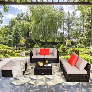 COSTWAY 6PCS Outdoor Patio Rattan Furniture Set Cushioned Sectional Sofa Beige