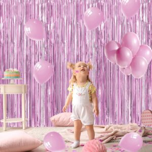 MEEZY 3Pack 3.2ft x 8.2ft Pink Foil Fringe Curtains Backdrop Metallic Foil Tinsel Streamers with Pink Balloons for Bachelorette Baby Shower Wedding Birthday Bridal Shower Party Decorations