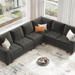 Belffin Grey Velvet L-Shape Sectional Sofa with Reversible Chaise, 107.8'L x 84.2'W x 35.8'H, Modular, Modern, Sofa Couch for Living Room, 5 Seater, Easy Assembly