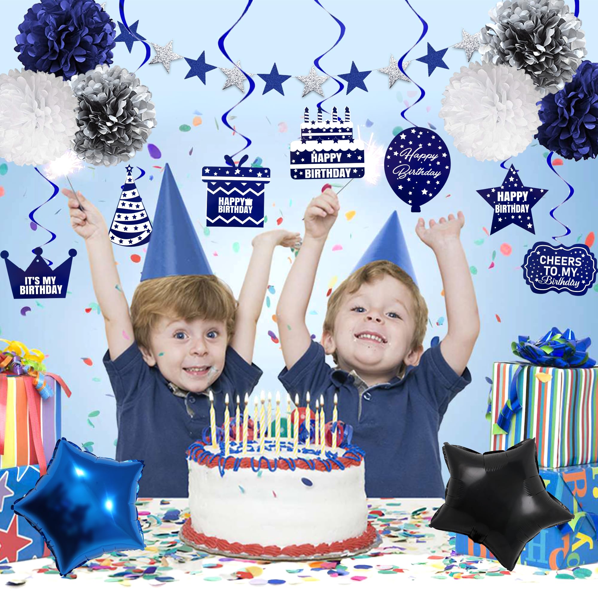 Blue Birthday Decorations for Men Boys, Blue Silver Party Decorations Fringe Curtains Happy Birthday Banner Hanging Cutouts Tassels Graduation Party Decors 13th 16th 18th 21st 30th 40th 50th 60th Him