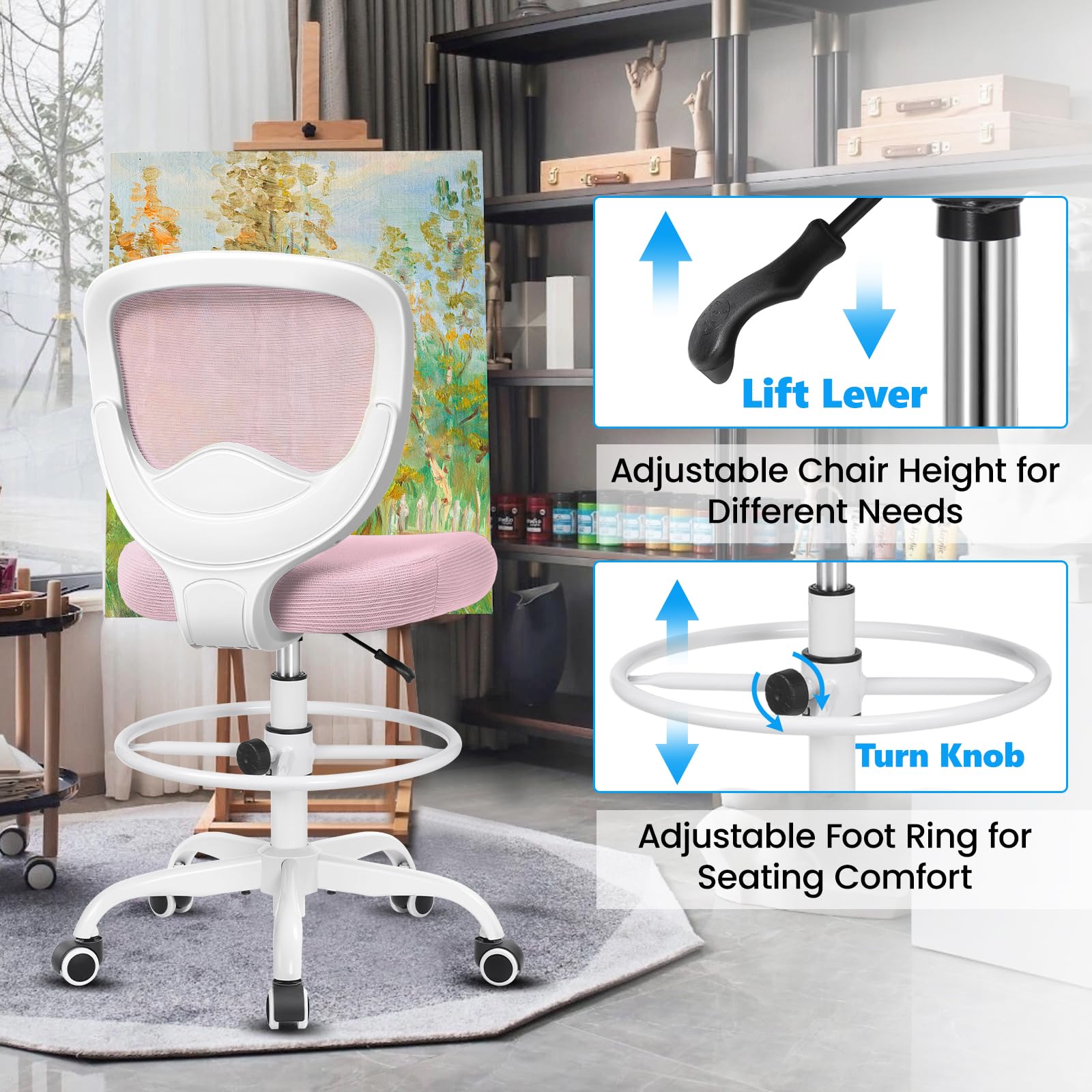 Razzor Drafting Chair Tall Office Chair for Standing Desk Chairs with Adjustable Height Footrest, Armless High Desk Chair Ergonomic Rolling Stool