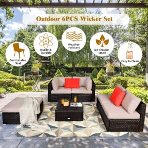 COSTWAY 6PCS Outdoor Patio Rattan Furniture Set Cushioned Sectional Sofa Beige