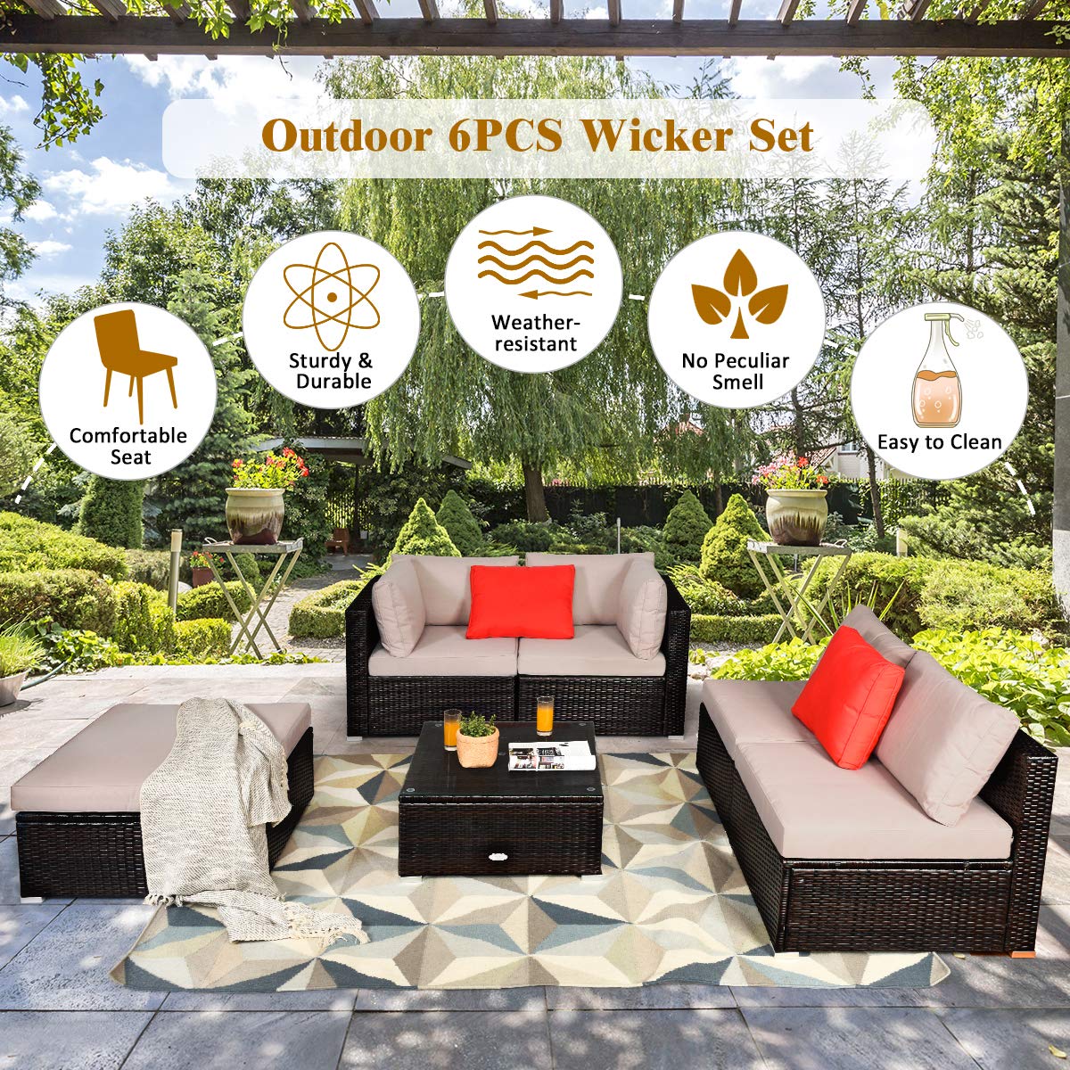 COSTWAY 6PCS Outdoor Patio Rattan Furniture Set Cushioned Sectional Sofa Beige