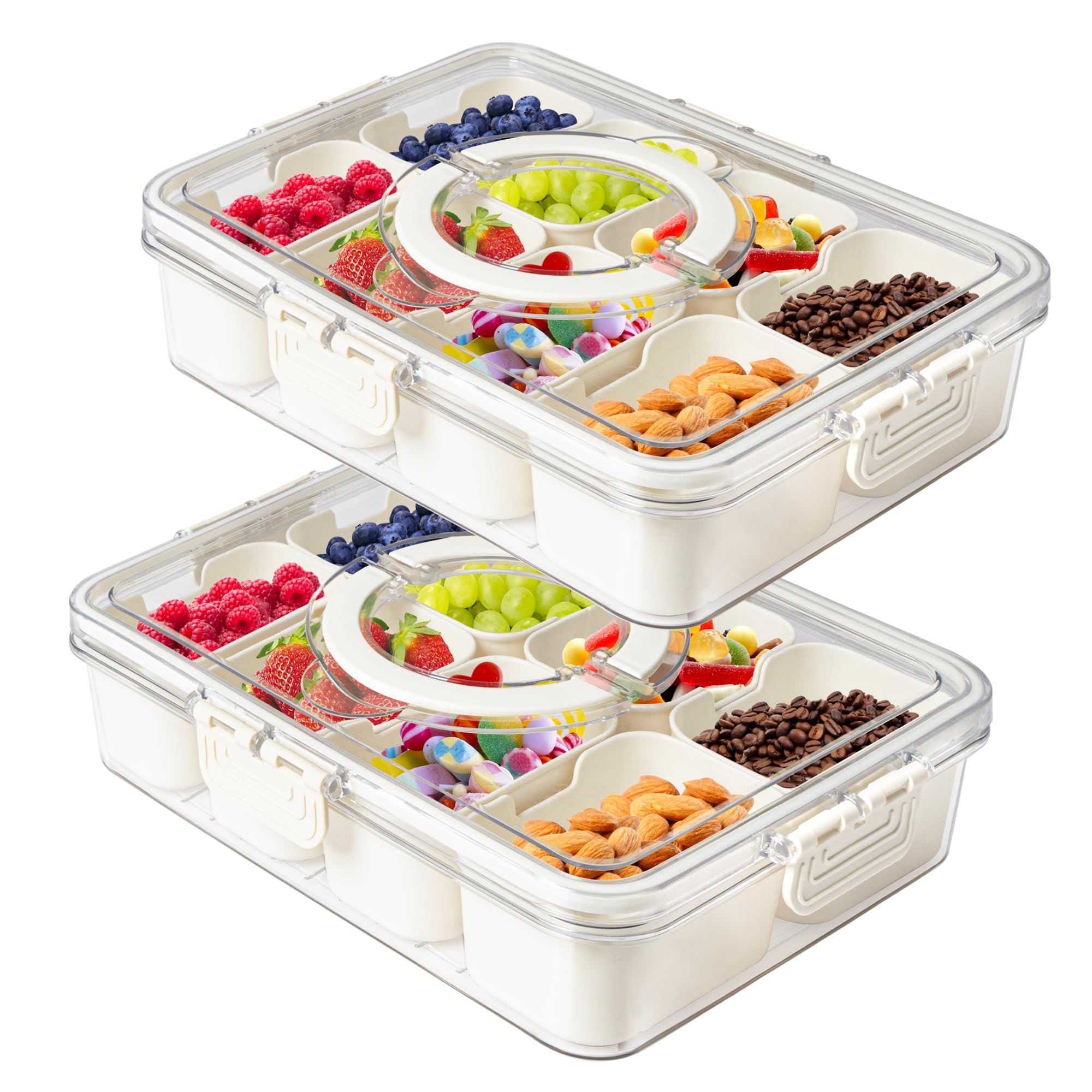 MineSign 2Pack Snackle Box with Handle for Food Serving Tray Snack Platter with Lids Stackable Fruit&Veggie Container with 8 Small Removable Boxes for Snack Charcuterie Candy Nuts Spice