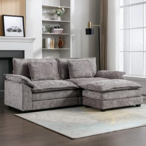 urred sectional sofa couch, modern chenille sofa sleeper deep seat couches with ottoman/pillows for living room, grey