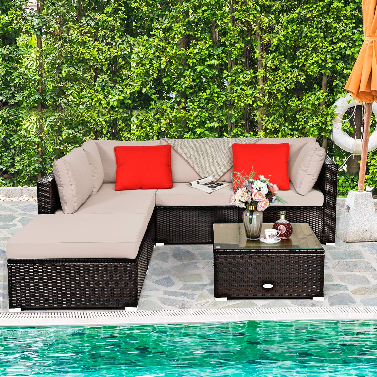 COSTWAY 6PCS Outdoor Patio Rattan Furniture Set Cushioned Sectional Sofa Beige