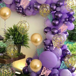 Purple Gold Confetti Balloons, 60 Packs 12 inch Dark Purple and Gold Metallic Chrome Party Balloons with Ribbons for Girls Women Birthday, Baby Shower, Wedding, Anniversary, Graduation Decoration