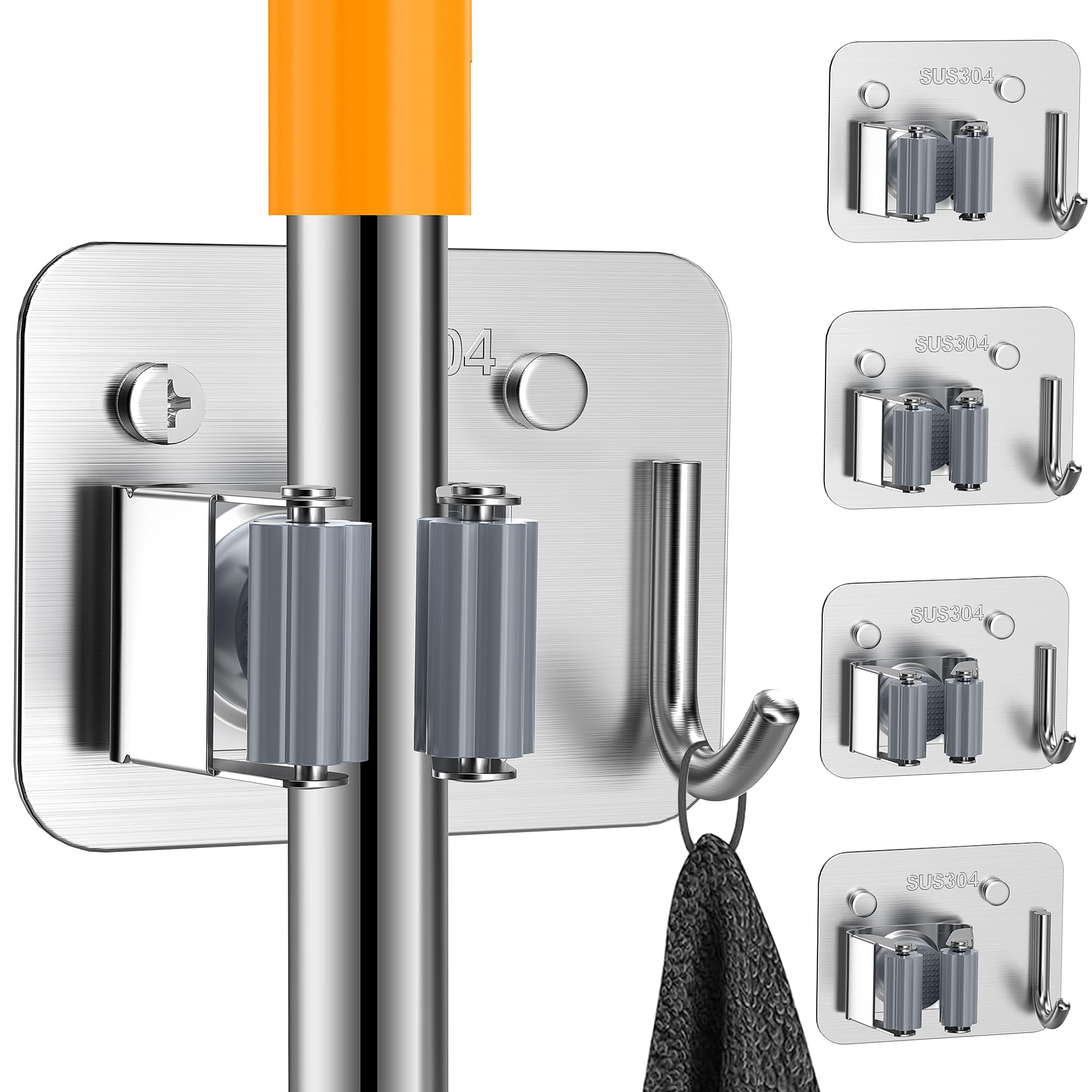 4 Pack Broom Holder Wall Mount Stainless Steel Mop Hanger - Home Laundry Room, Kitchen, Closet, Garage Organization and Storage Heavy Duty Utility Rack - Rake, Shovel Garden Tool Organizer (Silver)