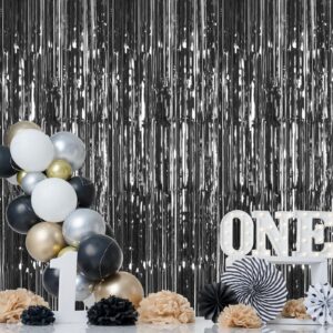 MEEZY 4Pack 3.2ft x 8.2ft Black Foil Fringe Curtains Backdrop Metallic Foil Tinsel Streamers with Black Balloons for Graduation Bachelorette Baby Shower Wedding Birthday Bridal Shower Party Decor