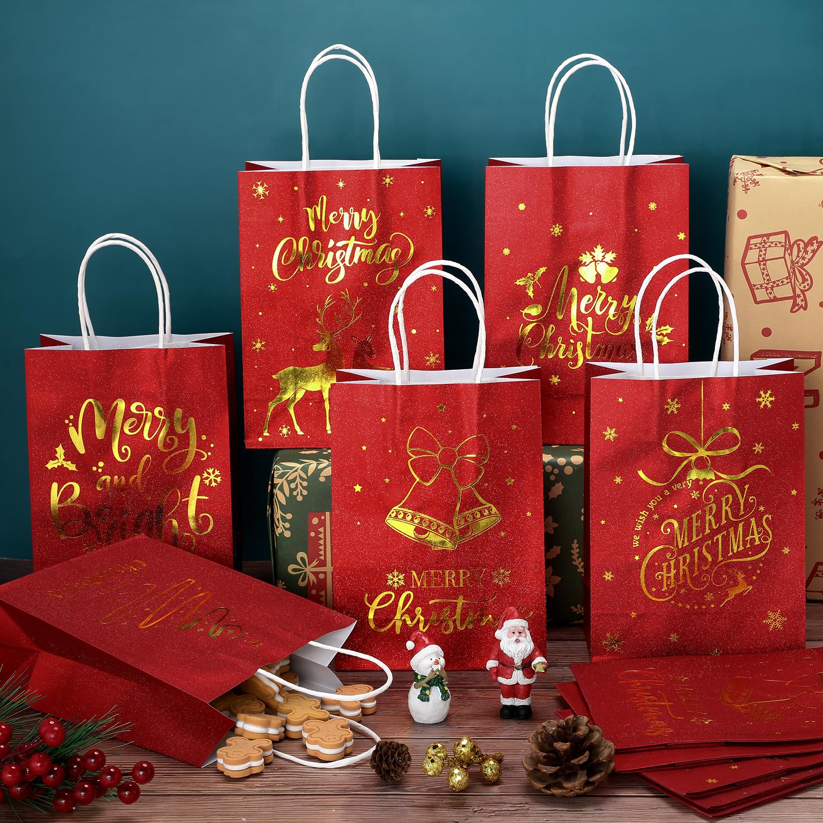 Christmas Gift Bags 24 Pcs, Red Glitter Christmas Bags for Gifts with Tissue Paper, 6 Styles Red and Gold Foil Paper Goodie Bags with Handles, Bulk Xmas Holiday Reusable Party Favor Treat Gift Bags