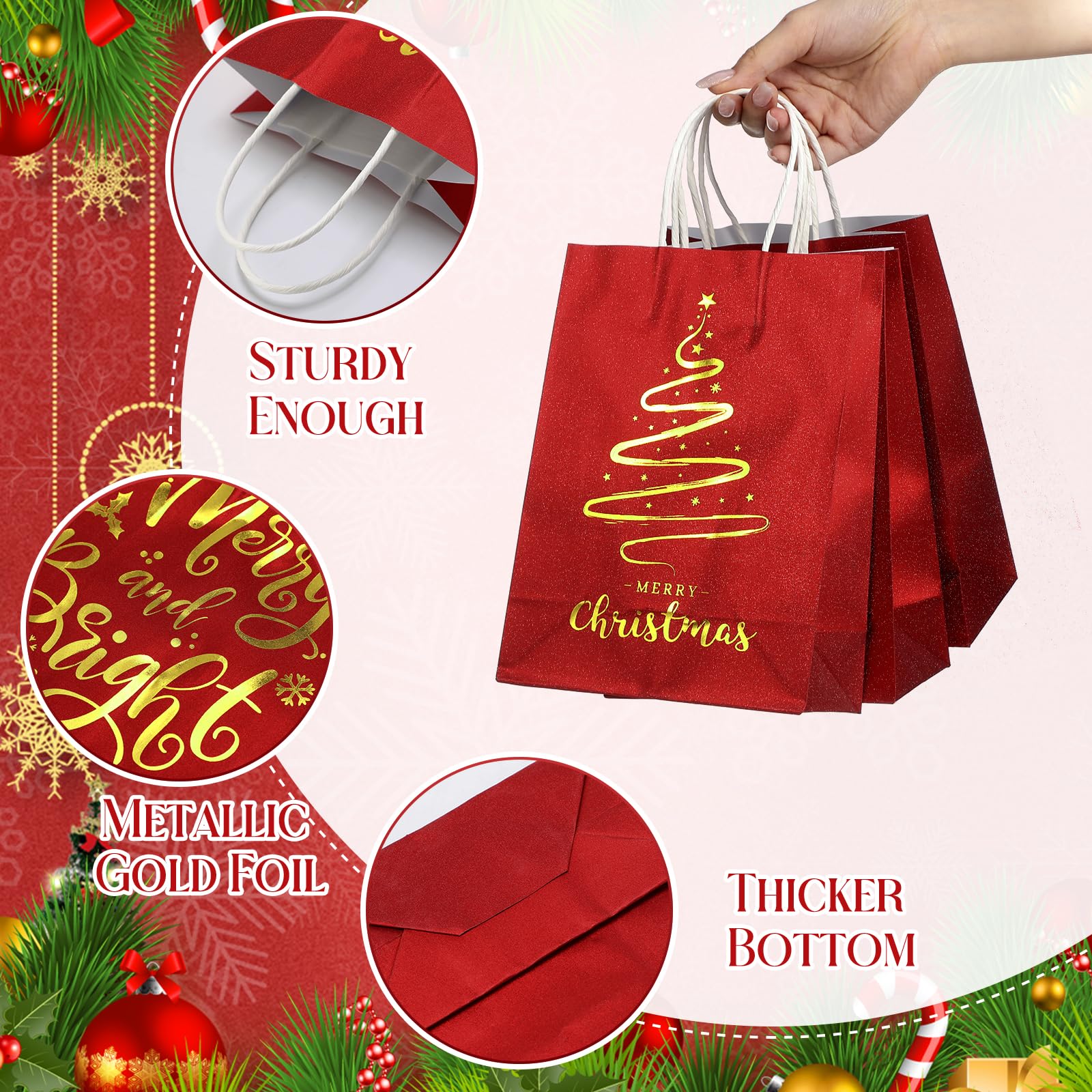 Christmas Gift Bags 24 Pcs, Red Glitter Christmas Bags for Gifts with Tissue Paper, 6 Styles Red and Gold Foil Paper Goodie Bags with Handles, Bulk Xmas Holiday Reusable Party Favor Treat Gift Bags