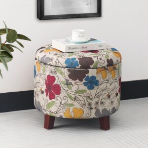 Adeco 17" Height Round Storage Ottoman, Modern Linen Fabric Cushion Footstool with Removable Lid and Wooden Legs for Bedroom Living Room, Floral Printed