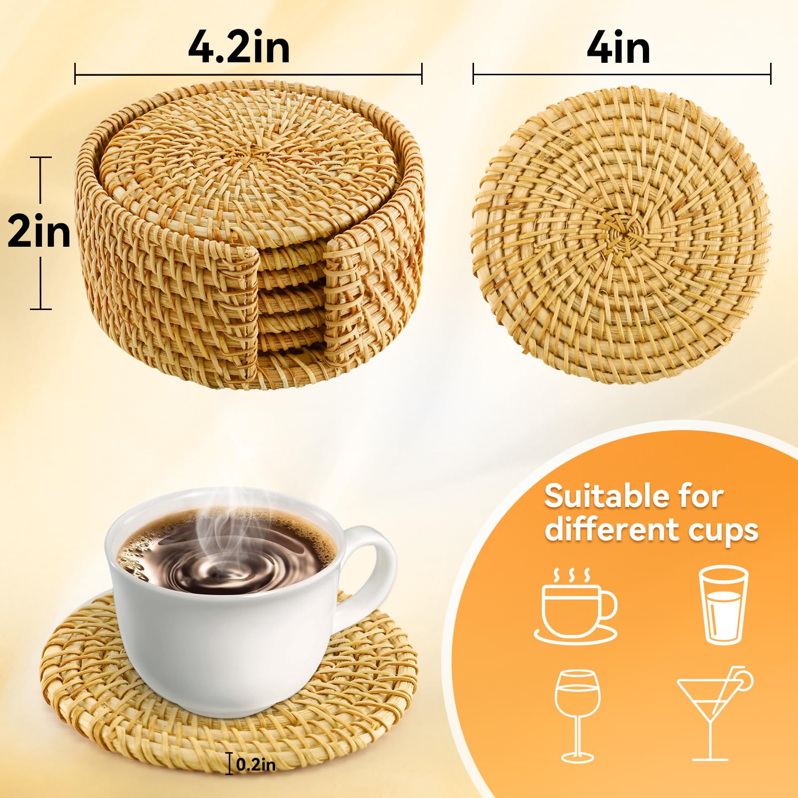 6pcs Handmade Rattan Coasters with Holder, Natural Wicker Boho Coasters Set, Heat-resistant Drink Coasters for Coffee Table Housewarming Gifts Hot Drinking Home Decor Protecting Table