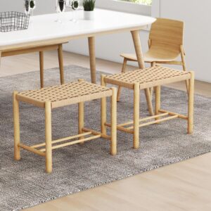 COSTWAY Patio Wooden Dining Stools Set of 2, 22-inch Wide Rustic Backless Saddle Stools with Rubber Wood Frame and Woven Paper Seat, 18-inch Height Outdoor/Indoor Counter Stools for Backyard Kitchen