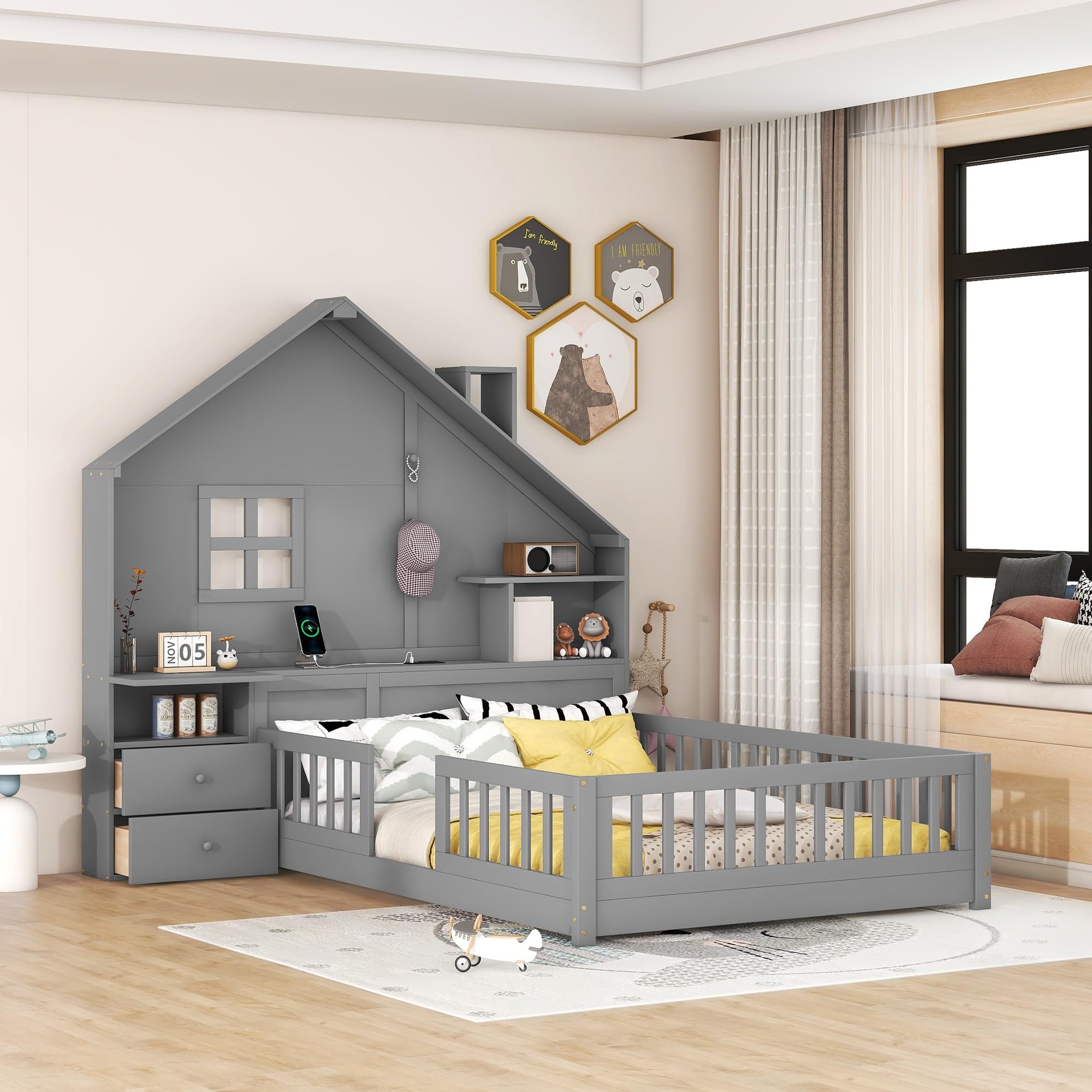 Full Floor House Bed for Kids, Wood Montessori Floor Bed with Rails, Window and Bedside Drawers, Kids Full Platform Bed with Shelves and a Set of Sockets and USB Port (Full,Grey)