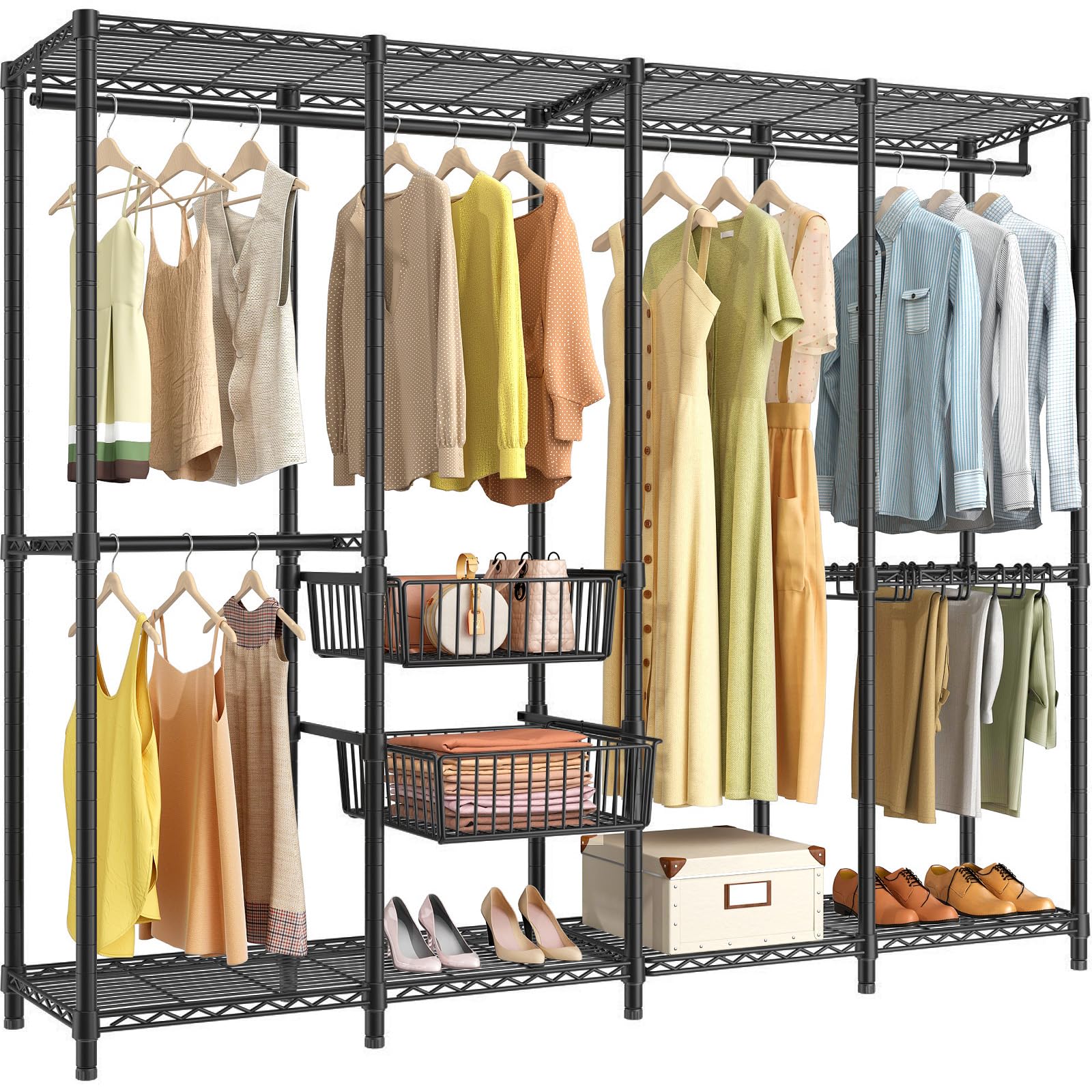 VIPEK V40 Pro Portable Closet Wardrobe Heavy Duty Clothing Rack with 2 Sliding Storage Baskets & 10 Pants Hangers, Freestanding Clothes Rack Large Closet Rack for Bedroom, Max Load 1000lbs, Black