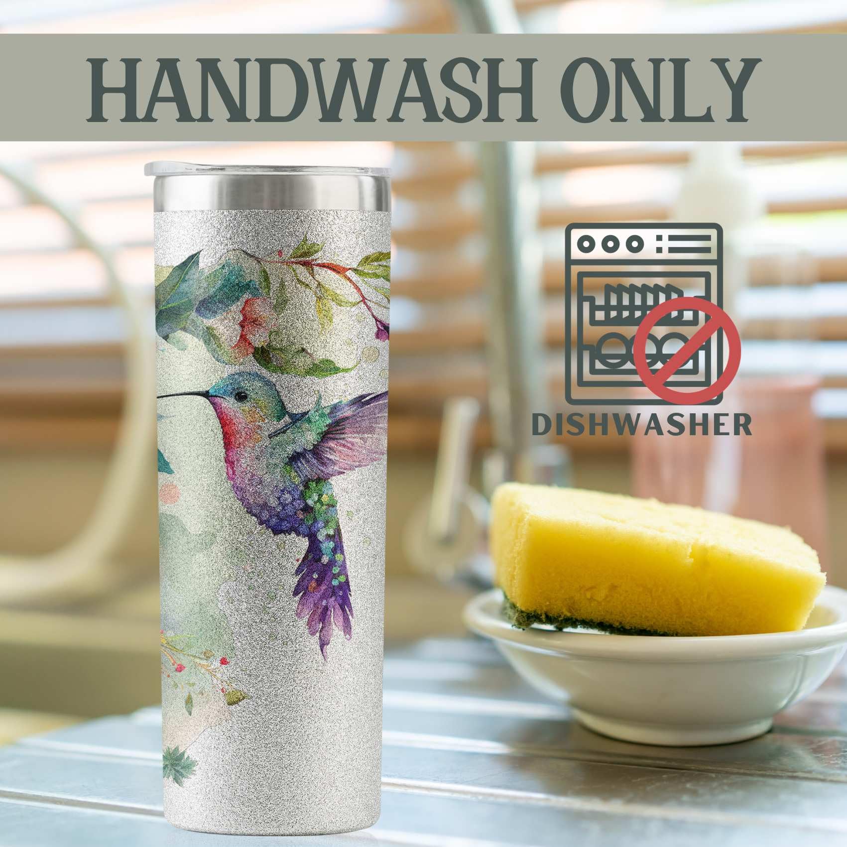 Onebttl Hummingbird Gifts For Women, Her and Hummingbird Lovers - 20oz/590ml Stainless Steel Insulated Glitter Tumbler with Straw - Hummingbird Skinny Tumbler, Coffee Cups - (Sliver)