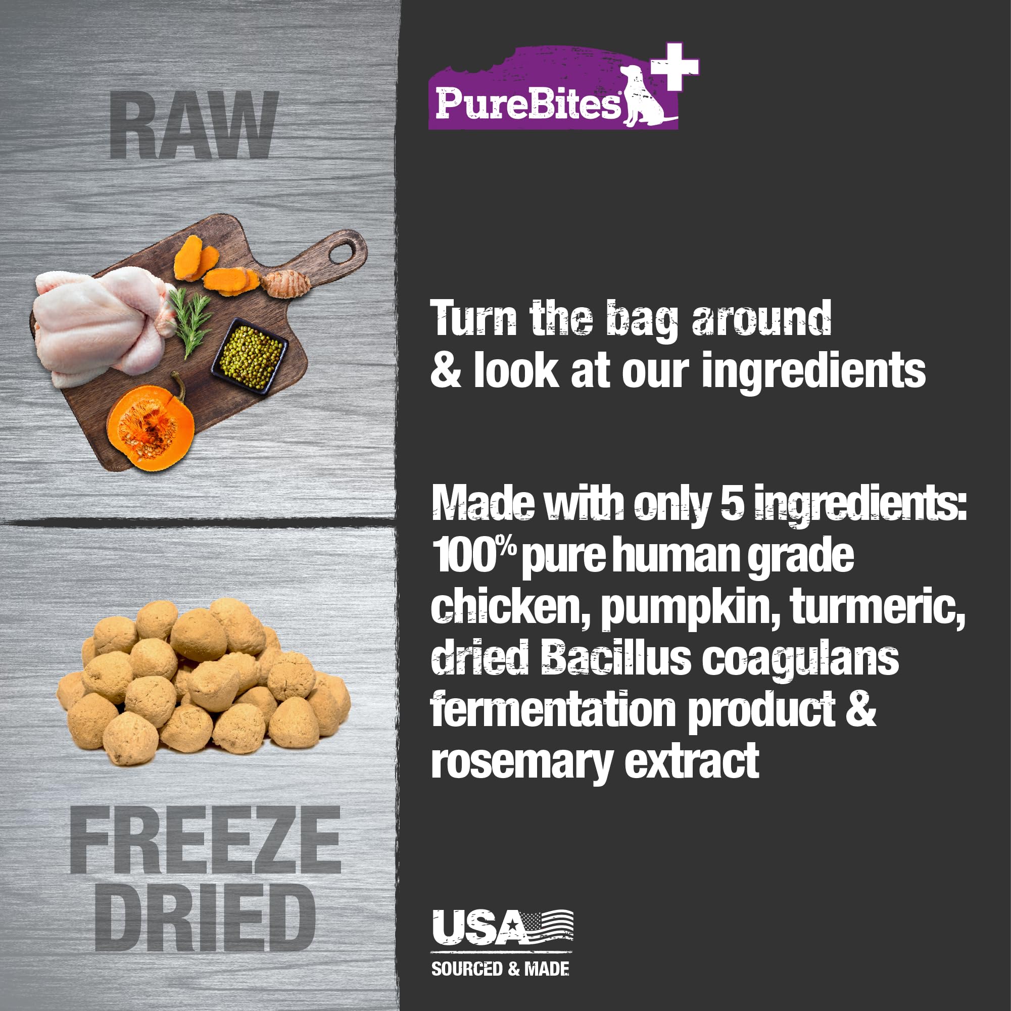 PureBites+ Gut & Digestion Freeze Dried Dog Treats, 5 Ingredients, Made in USA, 3oz