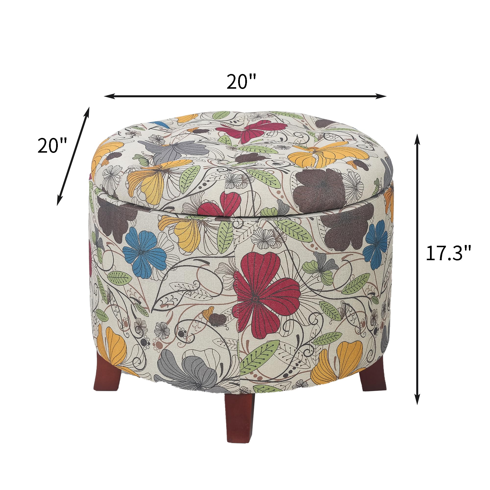 Adeco 17" Height Round Storage Ottoman, Modern Linen Fabric Cushion Footstool with Removable Lid and Wooden Legs for Bedroom Living Room, Floral Printed