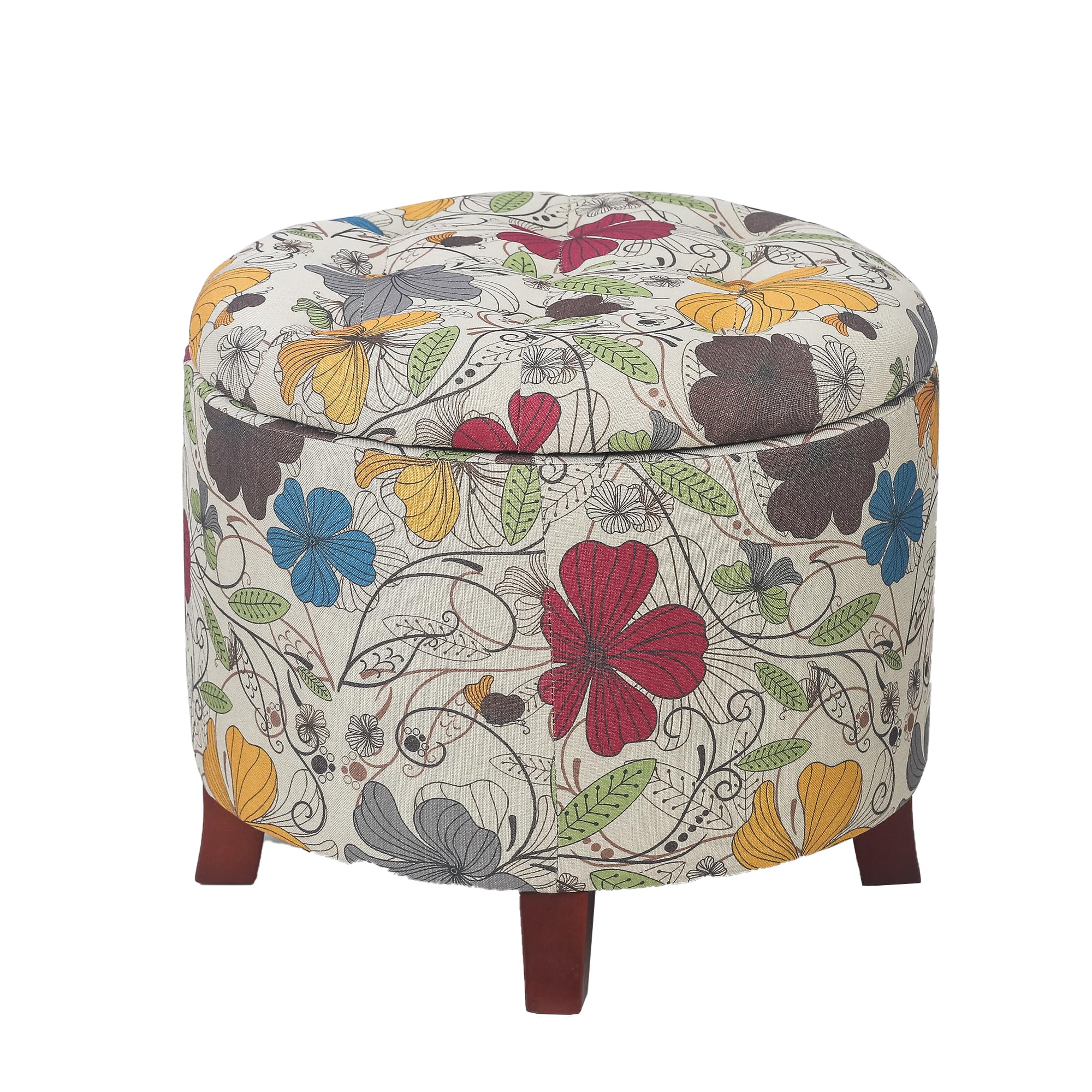 Adeco 17" Height Round Storage Ottoman, Modern Linen Fabric Cushion Footstool with Removable Lid and Wooden Legs for Bedroom Living Room, Floral Printed