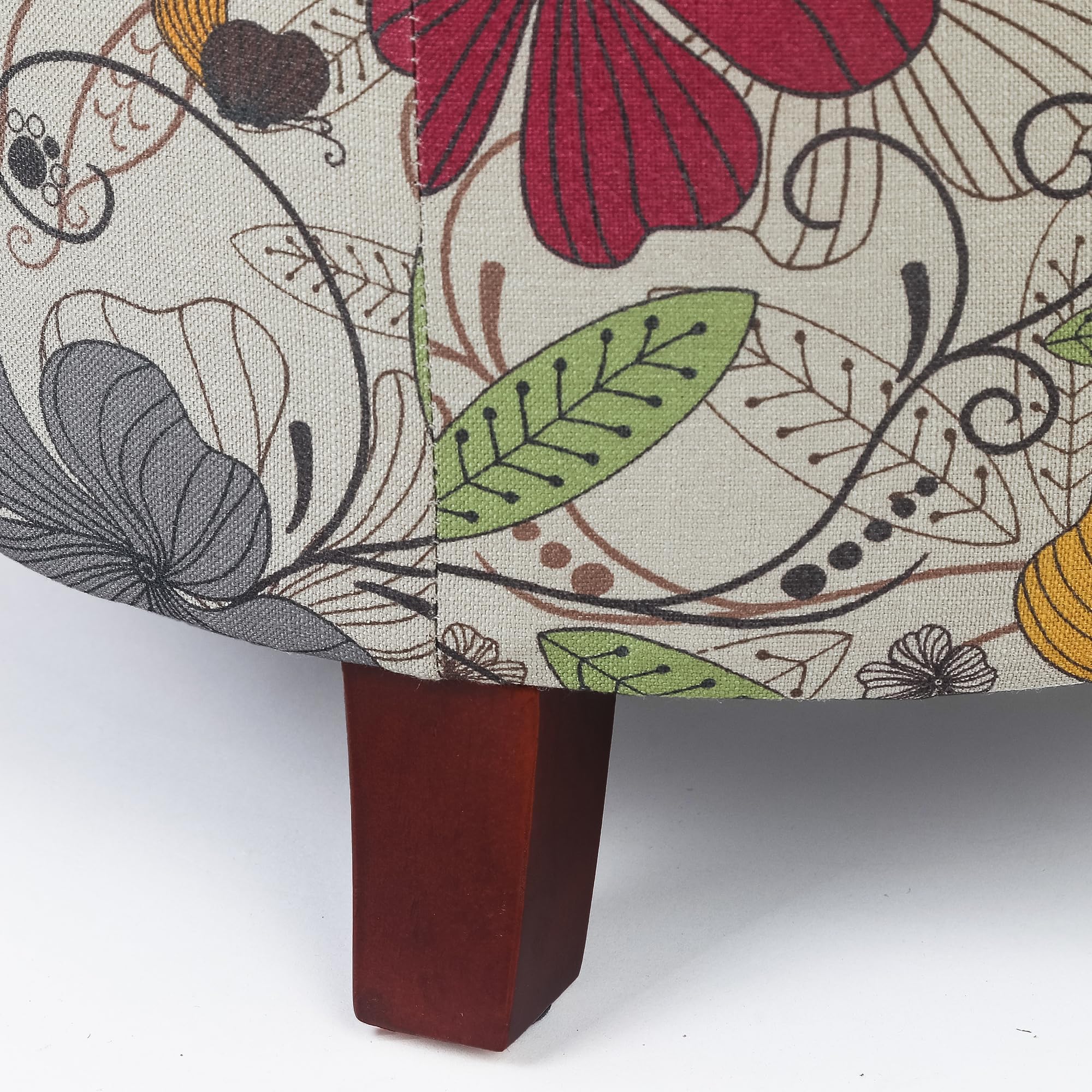 Adeco 17" Height Round Storage Ottoman, Modern Linen Fabric Cushion Footstool with Removable Lid and Wooden Legs for Bedroom Living Room, Floral Printed