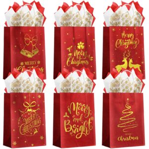 christmas gift bags 24 pcs, red glitter christmas bags for gifts with tissue paper, 6 styles red and gold foil paper goodie bags with handles, bulk xmas holiday reusable party favor treat gift bags