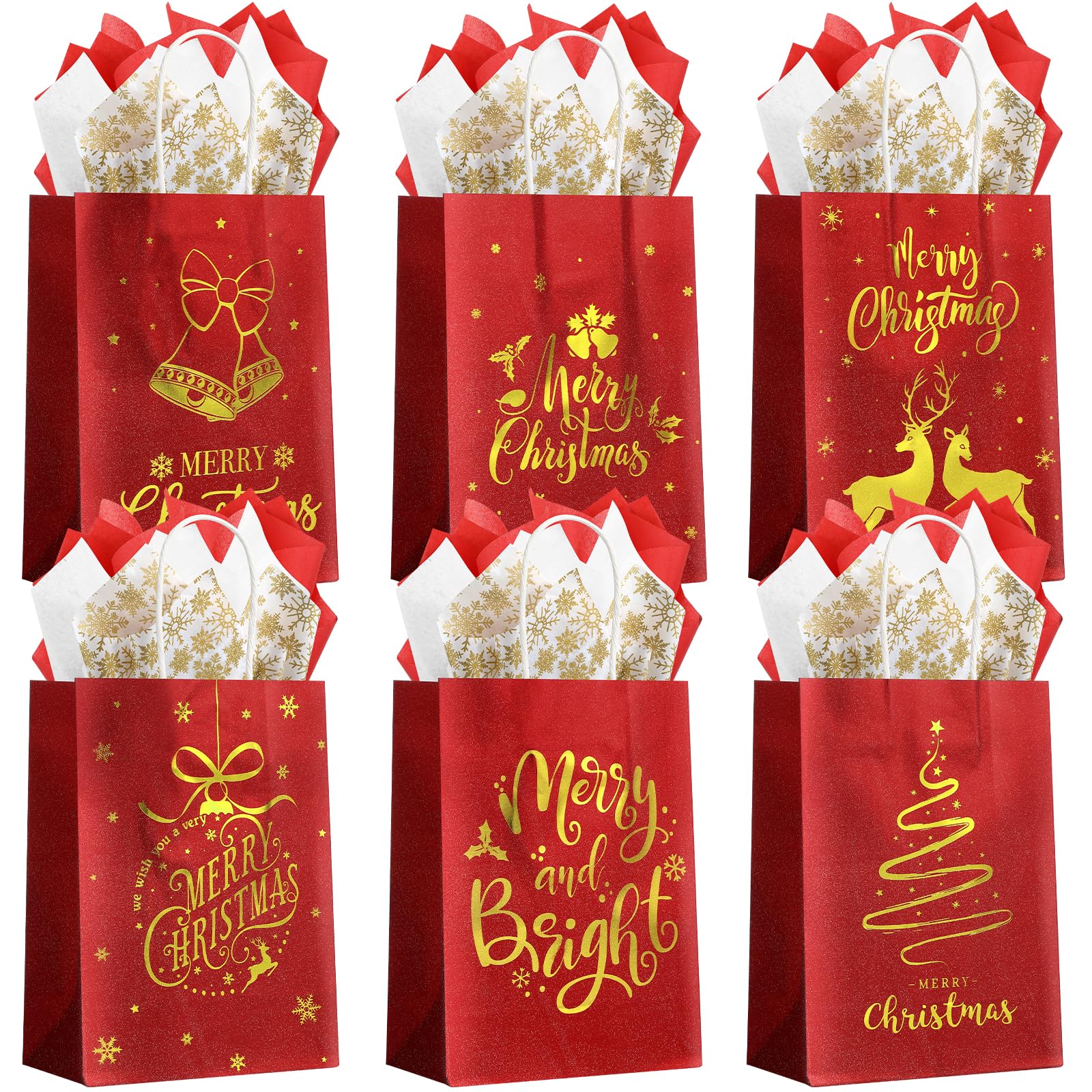 Christmas Gift Bags 24 Pcs, Red Glitter Christmas Bags for Gifts with Tissue Paper, 6 Styles Red and Gold Foil Paper Goodie Bags with Handles, Bulk Xmas Holiday Reusable Party Favor Treat Gift Bags